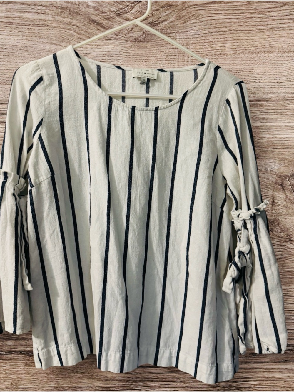 Lucky Brand White Top with Navy Vertical Stripes and Tie Sleeves